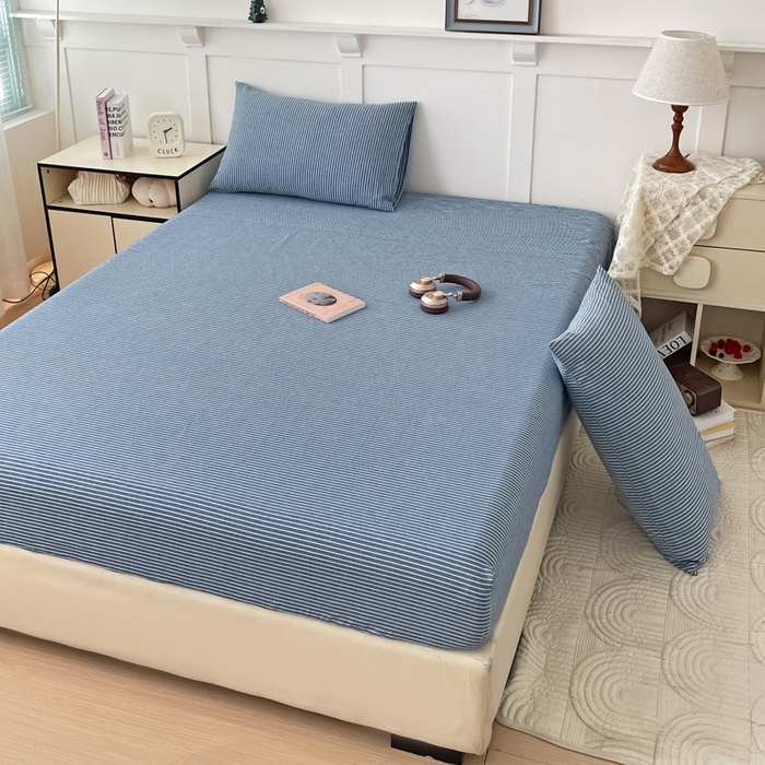 91家纺网 家纺一手货源 找家纺 2025新款全棉水洗棉套件-单床笠 蓝细条