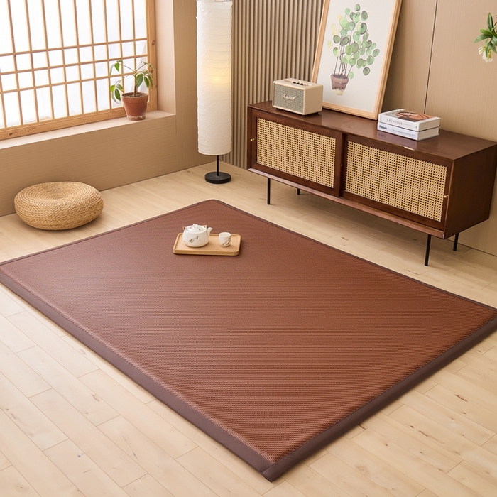 91家纺网 家纺一手货源 找家纺 绒艺席业 2025新款PE藤席地垫 斜纹编织 咖