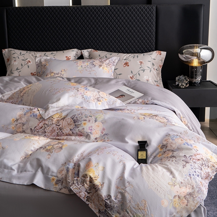 91家纺网 家纺一手货源 找家纺 皇寝世家家居 2025新款60S新疆长绒棉数码印花全棉床上四件套纯棉床品套件 花城-紫