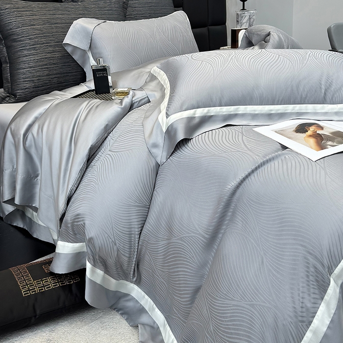 91家纺网 家纺一手货源 找家纺 若未家居 LOVEWE HOUSE 2025新款天丝提花套件撞色轻奢风四件套-天丝布拉格 天丝布拉格 银灰