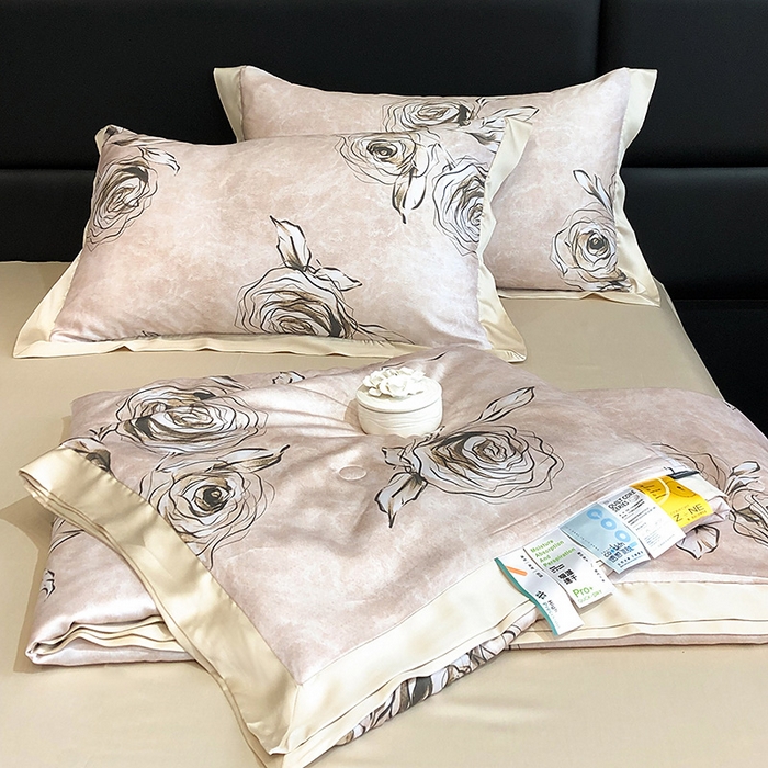 91家纺网 家纺一手货源 找家纺 若未家居 LOVEWE HOUSE 2025新款兰精天丝印花夏被及夏被四件套 叶罗丽玫瑰 米（床单款+床盖款）