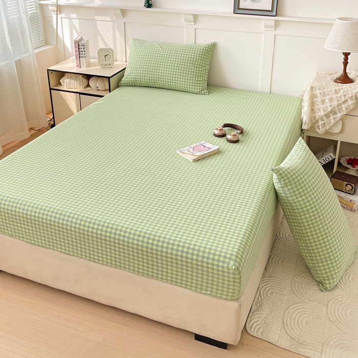 91家纺网 家纺一手货源 找家纺 2025新款全棉水洗棉套件-单床笠 艾莎绿小格