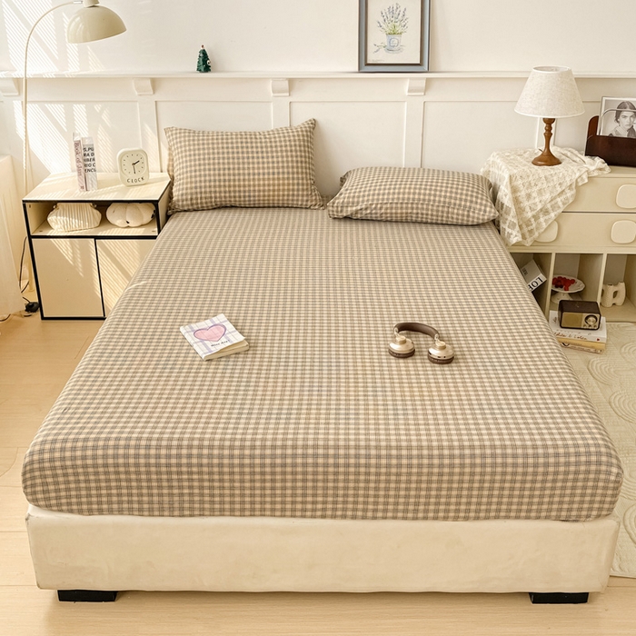 91家纺网 家纺一手货源 找家纺 2025新款全棉水洗棉套件-单床笠 春野咖