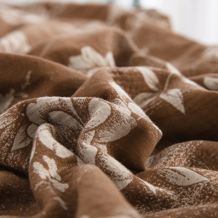 91家纺网 家纺一手货源 找家纺 2025新款全棉色织双层纱纽扣款四件套 云纱-浅咖