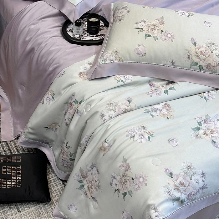 91家纺网 家纺一手货源 找家纺 若未家居 LOVEWE HOUSE 2025新款兰精天丝印花夏被及夏被四件套 爱意浓郁（床单款+床盖款）