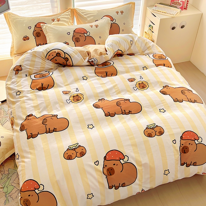 91家纺网 家纺一手货源 找家纺 2025新款原创设计卡皮巴拉全棉四件套-有作品登记证书 条纹巴拉