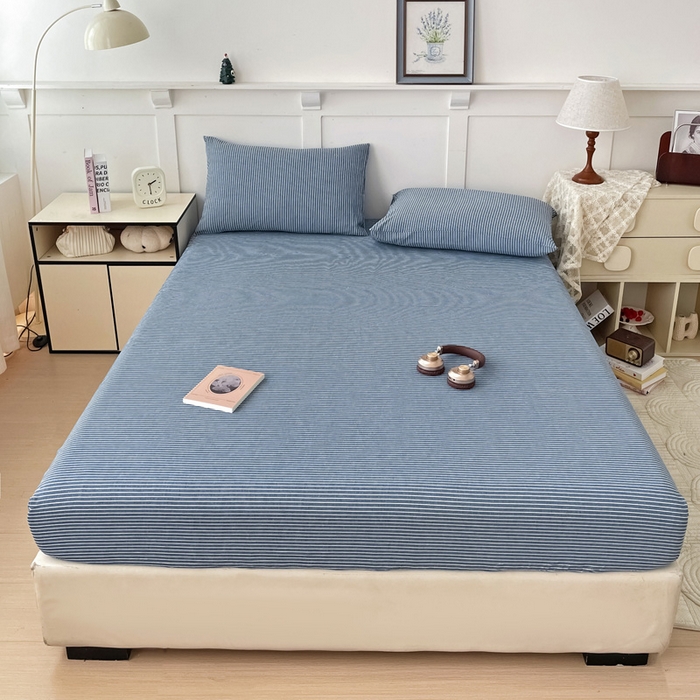 91家纺网 家纺一手货源 找家纺 2025新款全棉水洗棉套件-单床笠 蓝细条