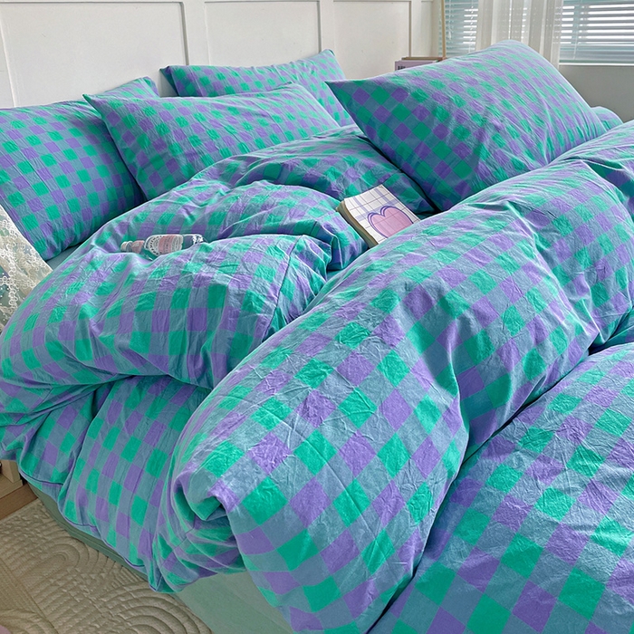 91家纺网 家纺一手货源 找家纺 大柏树 2025新款全棉水洗棉套件-床单四件套 绿紫中格