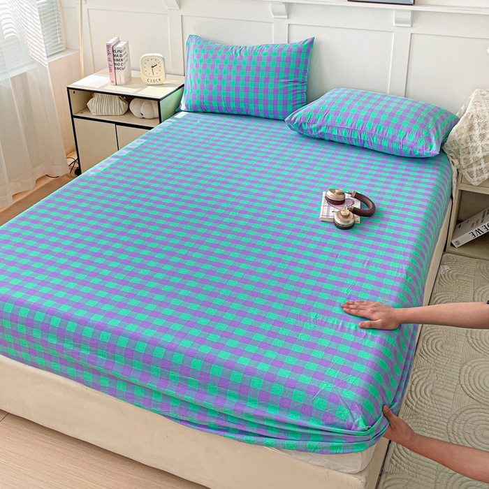 91家纺网 家纺一手货源 找家纺 2025新款全棉水洗棉套件-单床笠 绿紫中格