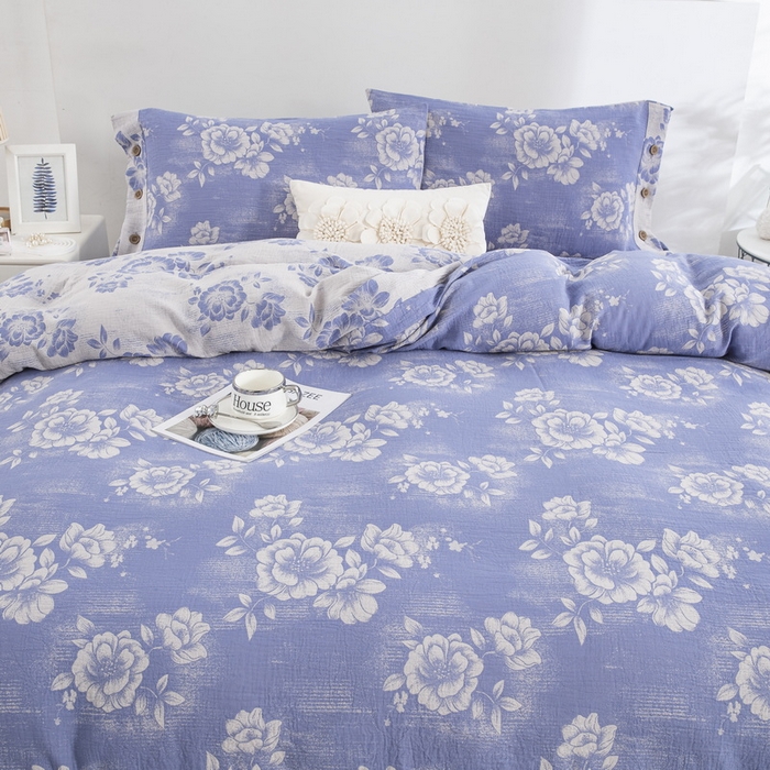 91家纺网 家纺一手货源 找家纺 2025新款全棉色织双层纱纽扣款四件套 云纱-浅兰