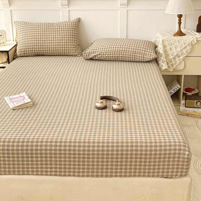 91家纺网 家纺一手货源 找家纺 2025新款全棉水洗棉套件-单床笠 春野咖