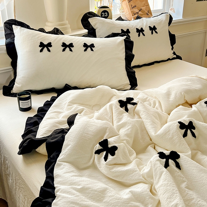 91家纺网 家纺一手货源 找家纺 梦之岛 2025新款韩版小泡泡水洗棉毛巾绣四件套-蝶梦 蝶梦蝴蝶结-奶白