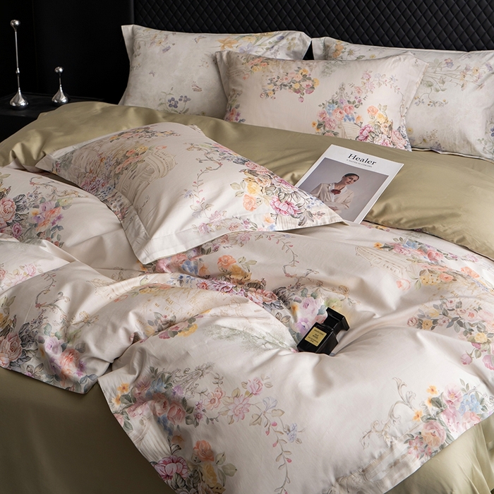 91家纺网 家纺一手货源 找家纺 皇寝世家家居 2025新款60S新疆长绒棉数码印花全棉床上四件套纯棉床品套件 花城-绿