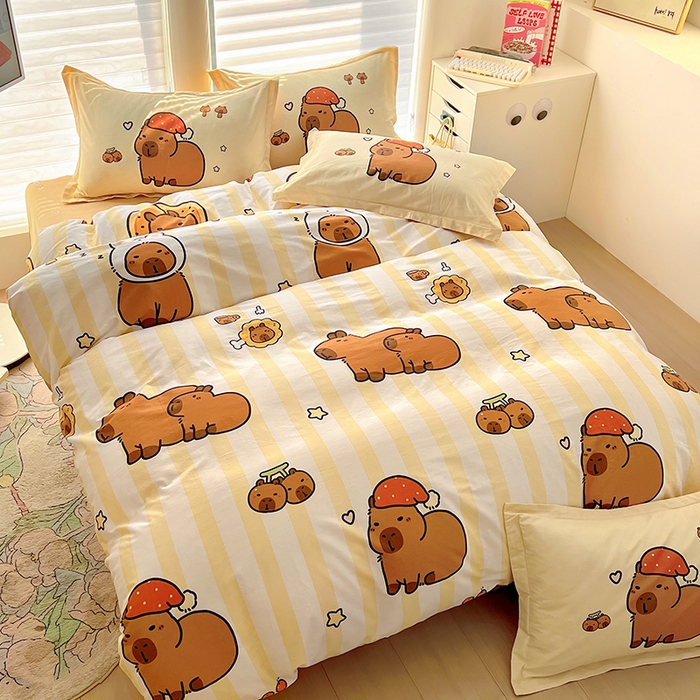 91家纺网 家纺一手货源 找家纺 2025新款原创设计卡皮巴拉全棉四件套-有作品登记证书 条纹巴拉