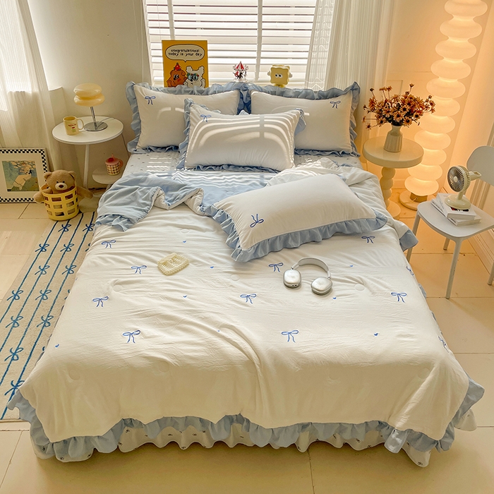 91家纺网 家纺一手货源 找家纺 （总）2025新款绣花双层纱针织棉夏被床盖四件套全棉夏被四件套