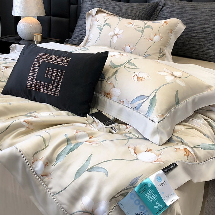 91家纺网 家纺一手货源 找家纺 若未家居 LOVEWE HOUSE 2025新款兰精天丝印花夏被及夏被四件套 玉兰白雪（床单款+床盖款）