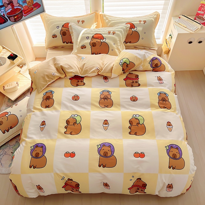 91家纺网 家纺一手货源 找家纺 2025新款原创设计卡皮巴拉全棉四件套-有作品登记证书 方格巴拉