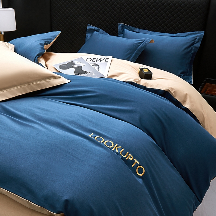 91家纺网 家纺一手货源 找家纺 皇寝世家家居 2025新款全棉纯棉A类100s长绒棉四件套刺绣绣花纯色贡缎床单款-诗雅 诗雅-藏青色