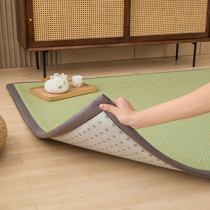 91家纺网 家纺一手货源 找家纺 绒艺席业 2025新款PE藤席地垫 饼干花 绿色