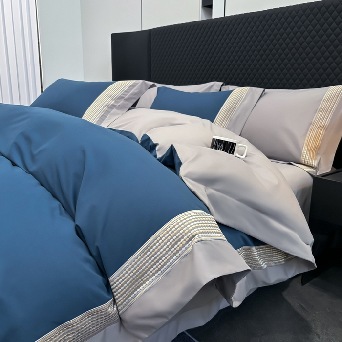 91家纺网 家纺一手货源 找家纺 皇寝世家家居 2025新款100支长绒棉磨毛四件套纯棉全棉冬保暖床单加厚床上被套-欧文系列 蓝灰