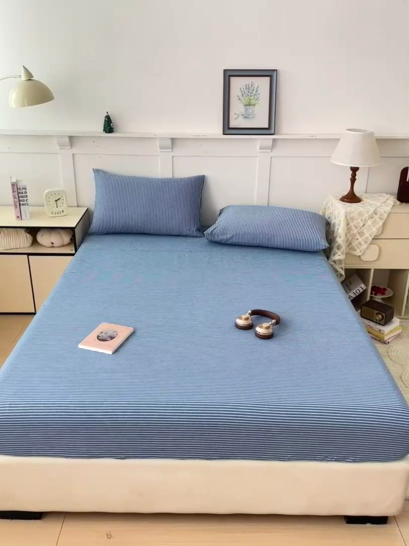 91家纺网 家纺一手货源 找家纺 2025新款全棉水洗棉套件-单床笠 蓝细条