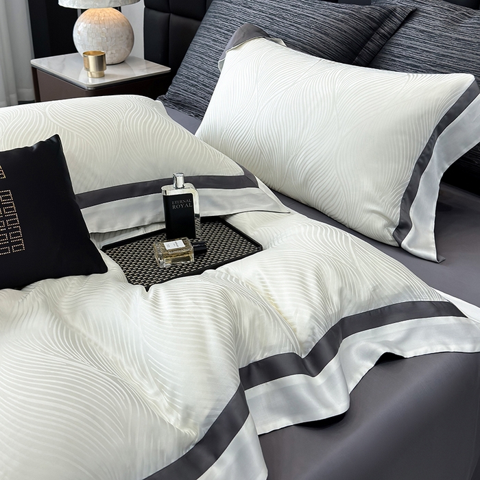 91家纺网 家纺一手货源 找家纺 若未家居 LOVEWE HOUSE 2025新款天丝提花套件撞色轻奢风四件套-天丝布拉格 天丝布拉格 奶昔白