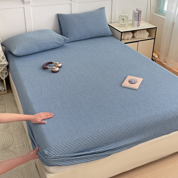 91家纺网 家纺一手货源 找家纺 2025新款全棉水洗棉套件-单床笠 蓝细条
