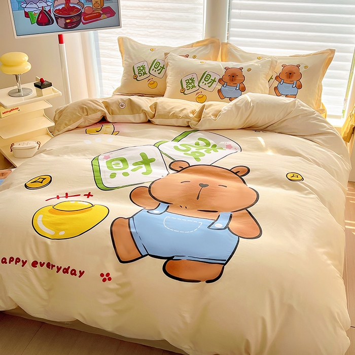 91家纺网 家纺一手货源 找家纺 2025新款原创设计卡皮巴拉全棉四件套-有作品登记证书 发财巴拉