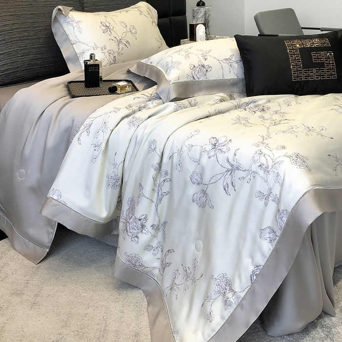 91家纺网 家纺一手货源 找家纺 若未家居 LOVEWE HOUSE 2025新款兰精天丝印花夏被及夏被四件套 白玉芝芝（床单款+床盖款）