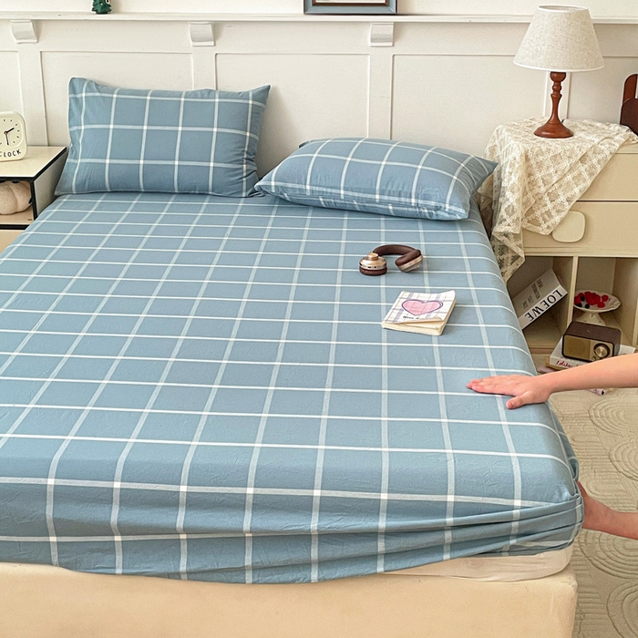 91家纺网 家纺一手货源 找家纺 2025新款全棉水洗棉套件-单床笠 蓝灰中格