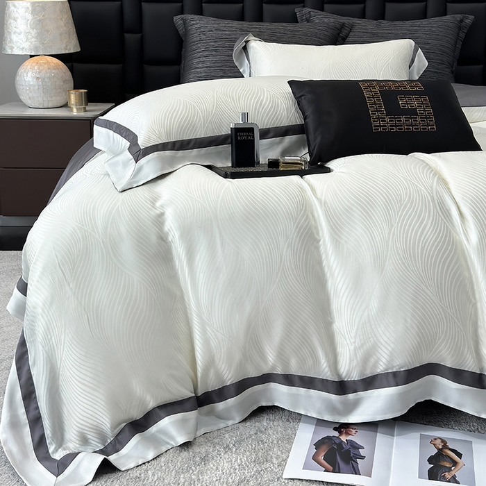 91家纺网 家纺一手货源 找家纺 若未家居 LOVEWE HOUSE 2025新款天丝提花套件撞色轻奢风四件套-天丝布拉格 天丝布拉格 奶昔白