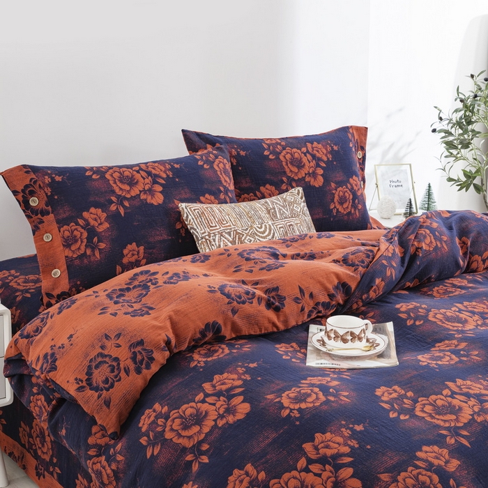 91家纺网 家纺一手货源 找家纺 2025新款全棉色织双层纱纽扣款四件套 云纱-深兰