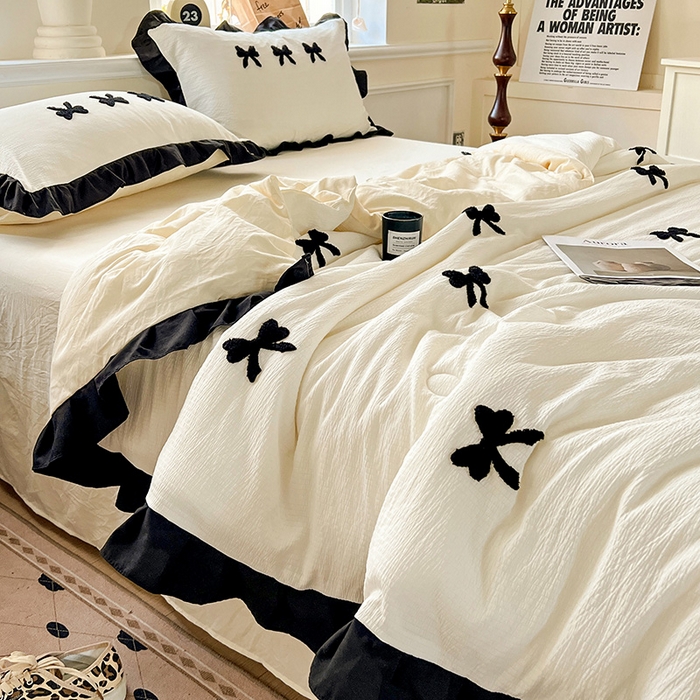 91家纺网 家纺一手货源 找家纺 梦之岛 2025新款韩版小泡泡水洗棉毛巾绣四件套-蝶梦 蝶梦蝴蝶结-奶白