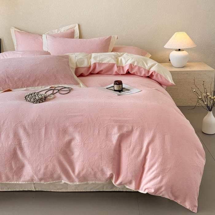 91家纺网 家纺一手货源 找家纺 若未家居 LOVEWE HOUSE 2025新款50S色织空气层水洗大提花全棉四件套 梦蝶-仙桃粉