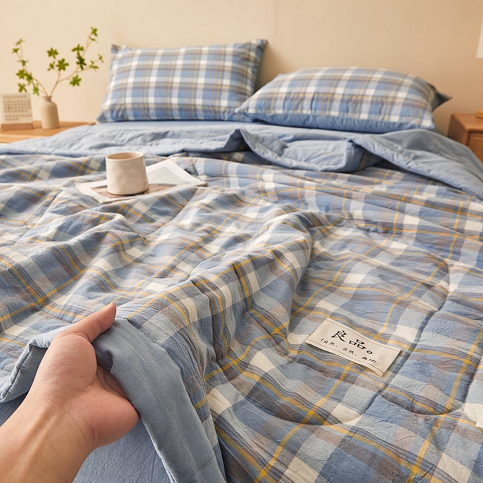 91家纺网 家纺一手货源 找家纺 秋泽家纺 2025新款全棉色织水洗棉棉花夏被夏凉被空调被 简兮蓝