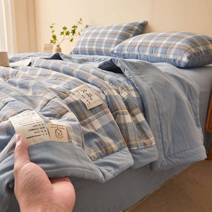 91家纺网 家纺一手货源 找家纺 秋泽家纺 2025新款全棉色织水洗棉棉花夏被夏凉被空调被 简兮蓝