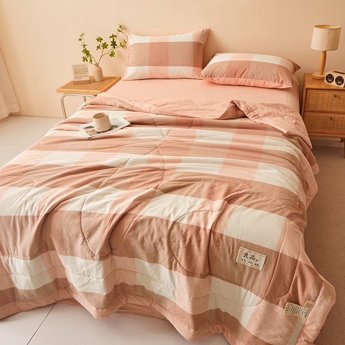 91家纺网 家纺一手货源 找家纺 秋泽家纺 2025新款全棉色织水洗棉棉花夏被夏凉被空调被 粉大格