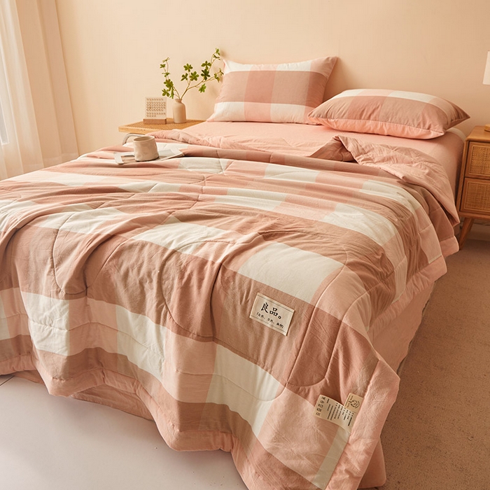 91家纺网 家纺一手货源 找家纺 秋泽家纺 2025新款全棉色织水洗棉棉花夏被夏凉被空调被 粉大格