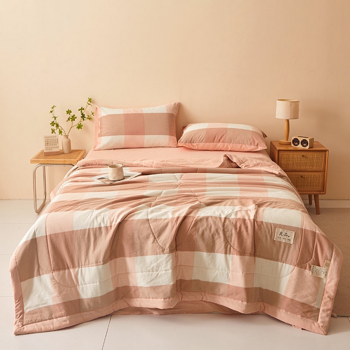 91家纺网 家纺一手货源 找家纺 秋泽家纺 2025新款全棉色织水洗棉棉花夏被夏凉被空调被 粉大格