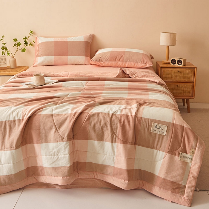 91家纺网 家纺一手货源 找家纺 秋泽家纺 2025新款全棉色织水洗棉棉花夏被夏凉被空调被 粉大格