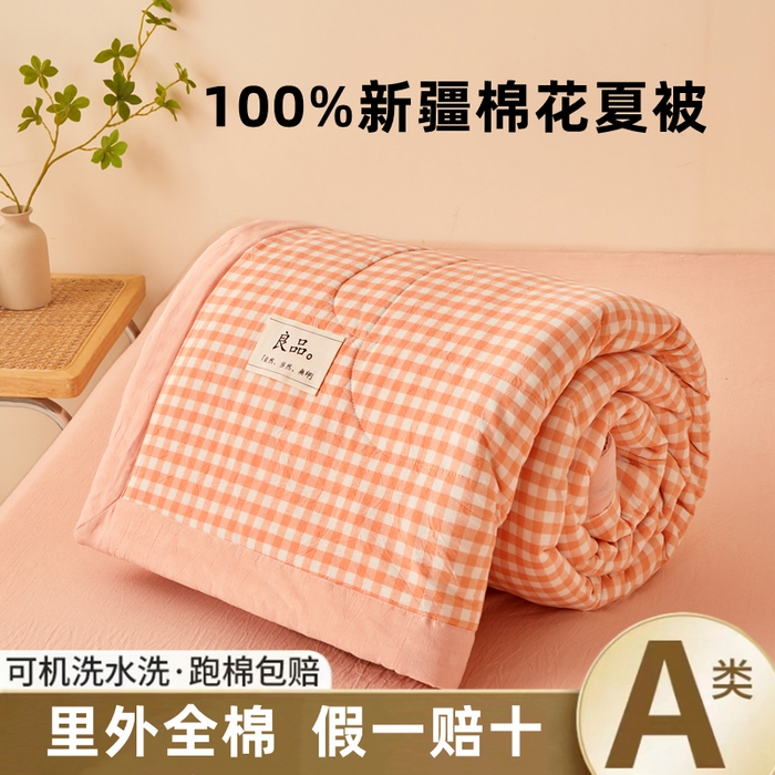 秋泽家纺 2025新款全棉色织水洗棉棉花夏被夏凉被空调被 粉小格