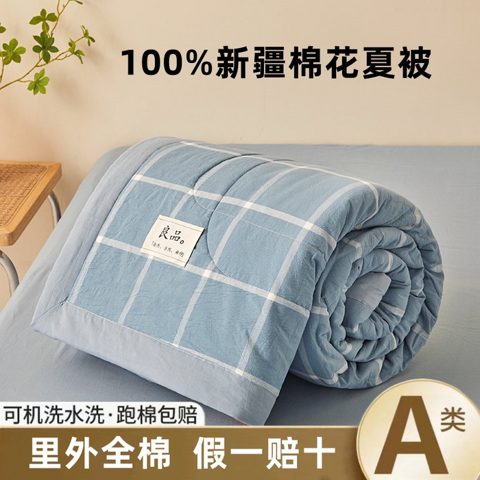 秋泽家纺 2025新款全棉色织水洗棉棉花夏被夏凉被空调被 海蓝大格