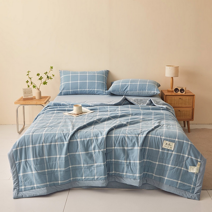 91家纺网 家纺一手货源 找家纺 秋泽家纺 2025新款全棉色织水洗棉棉花夏被夏凉被空调被 海蓝大格