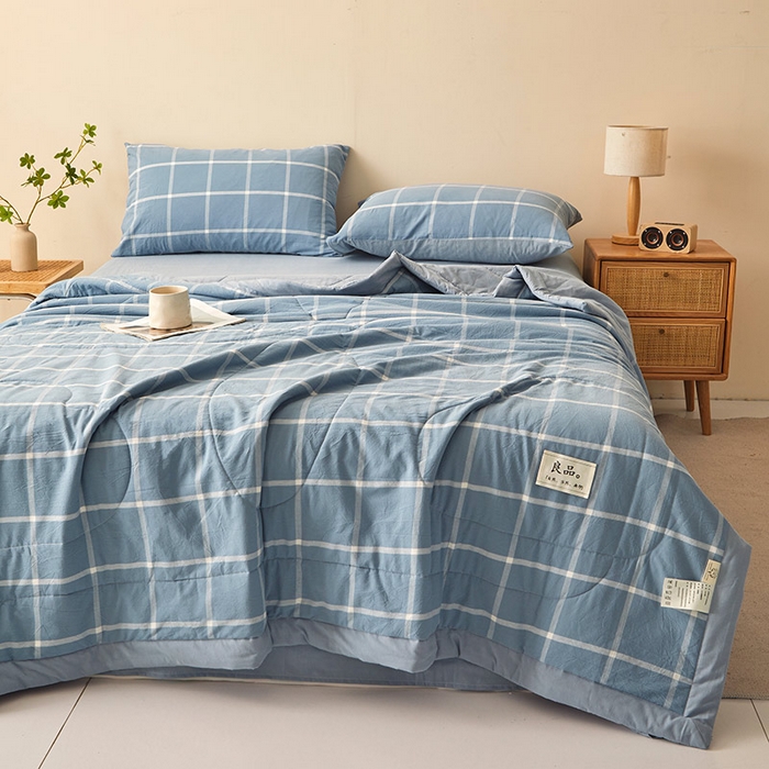 91家纺网 家纺一手货源 找家纺 秋泽家纺 2025新款全棉色织水洗棉棉花夏被夏凉被空调被 海蓝大格