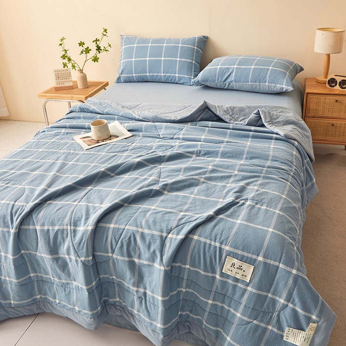 91家纺网 家纺一手货源 找家纺 秋泽家纺 2025新款全棉色织水洗棉棉花夏被夏凉被空调被 海蓝大格