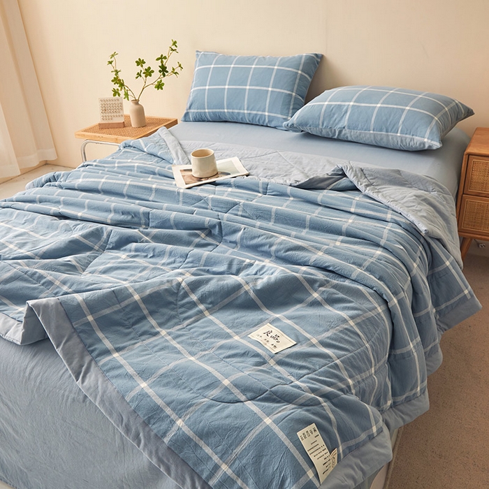91家纺网 家纺一手货源 找家纺 秋泽家纺 2025新款全棉色织水洗棉棉花夏被夏凉被空调被 海蓝大格