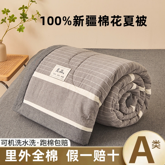 秋泽家纺 2025新款全棉色织水洗棉棉花夏被夏凉被空调被 灰细条