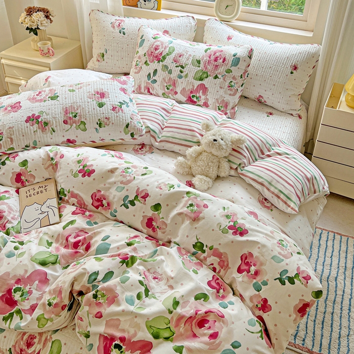 91家纺网 家纺一手货源 找家纺 羽爱家纺 2025新款A类13372全棉印花砂洗床盖套件 春日序