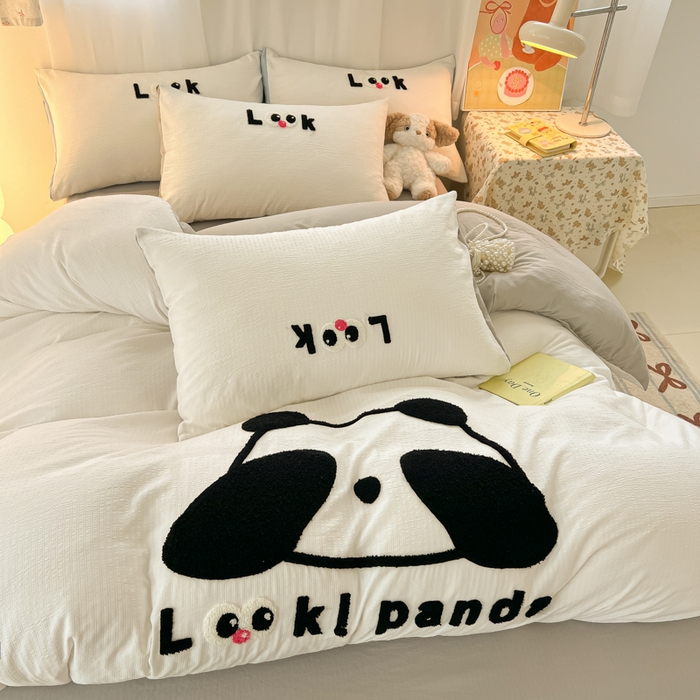 91家纺网 家纺一手货源 找家纺 多乐家纺 2025新款超柔加厚有氧提花针织小竺棉绣花四件套(提供买家秀） 大脸猫-白灰