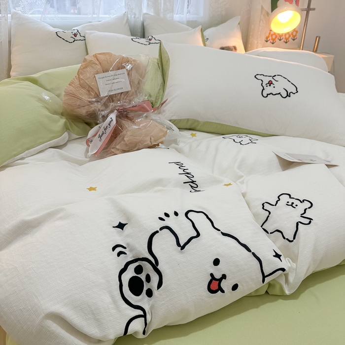 91家纺网 家纺一手货源 找家纺 多乐家纺 2025新款超柔加厚有氧提花针织小竺棉绣花四件套(提供买家秀） 小白-白绿